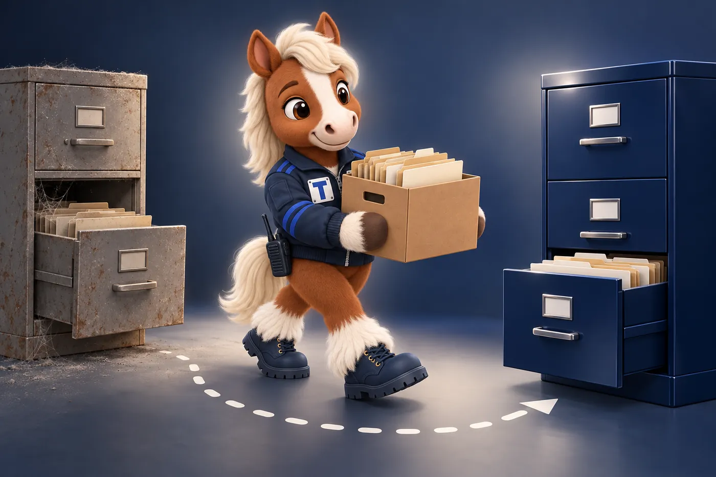 Trot the FleetWebStudio mascot carrying a box of files from an old filing cabinet to a new one