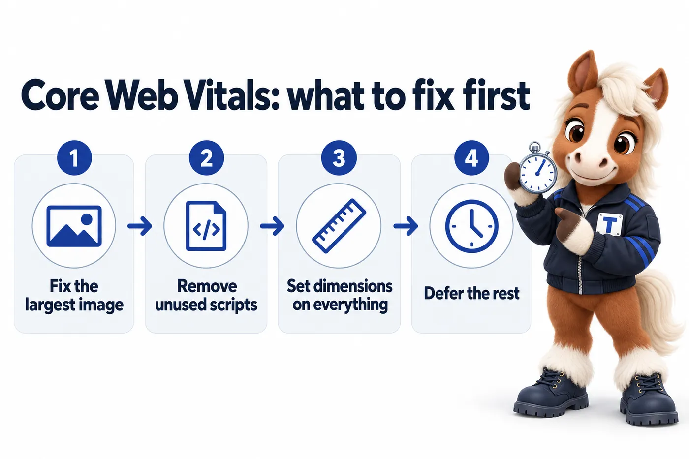 Core Web Vitals: what to fix first, an infographic with Trot the studio mascot: Fix the largest image; Remove unused scripts; Set dimensions on everything; Defer the rest.