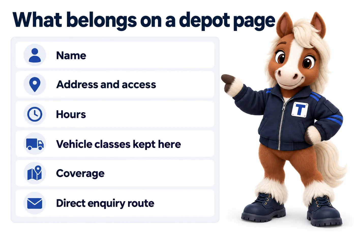 What belongs on a depot page, an infographic with Trot the studio mascot: Name; Address and access; Hours; Vehicle classes kept here; Coverage; Direct enquiry route.