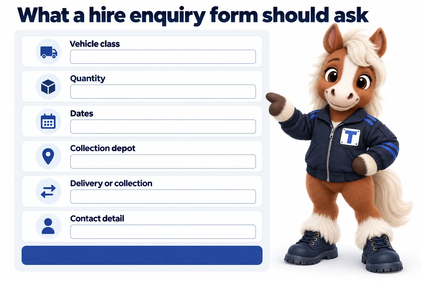 What a hire enquiry form should ask, an infographic with Trot the studio mascot: Vehicle class; Quantity; Dates; Collection depot; Delivery or collection; Contact detail.