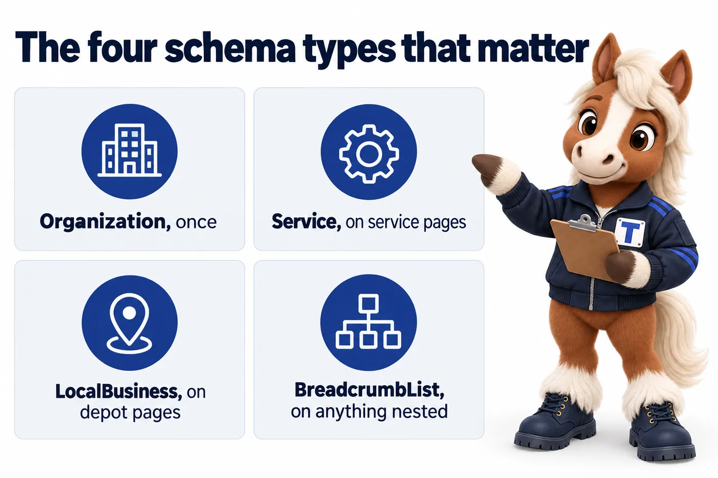 The four schema types that matter, an infographic with Trot the studio mascot: Organization, once; Service, on service pages; LocalBusiness, on depot pages; BreadcrumbList, on anything nested.