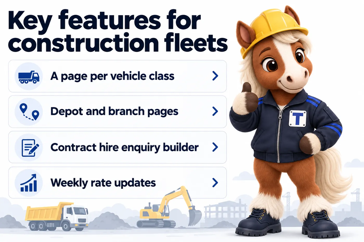 Key features for construction fleets, an infographic with Trot the studio mascot: A page per vehicle class; Depot and branch pages; Contract hire enquiry builder; Weekly rate updates.