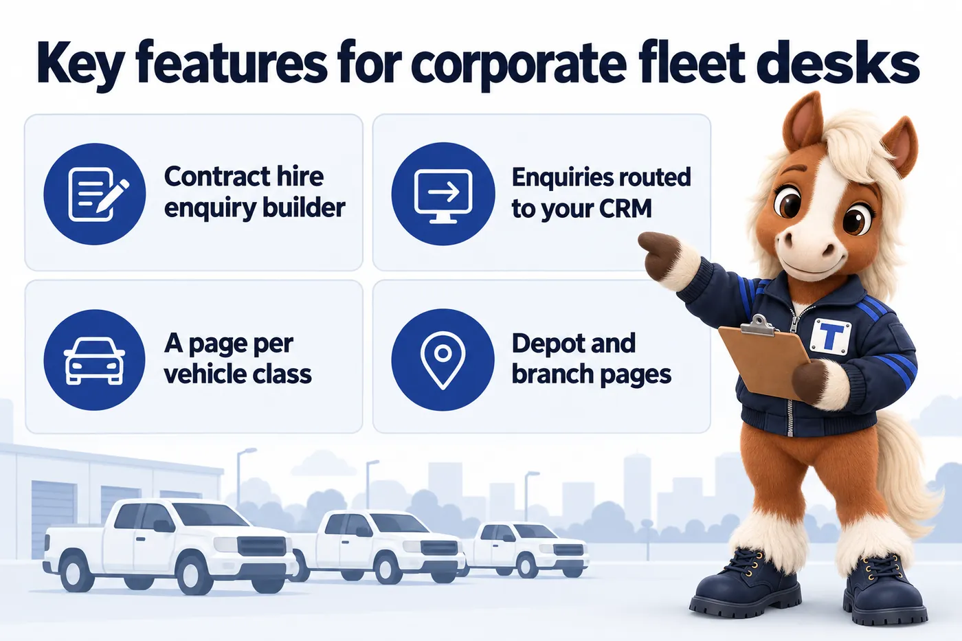 Key features for corporate fleet desks, an infographic with Trot the studio mascot: Contract hire enquiry builder; Enquiries routed to your CRM; A page per vehicle class; Depot and branch pages.