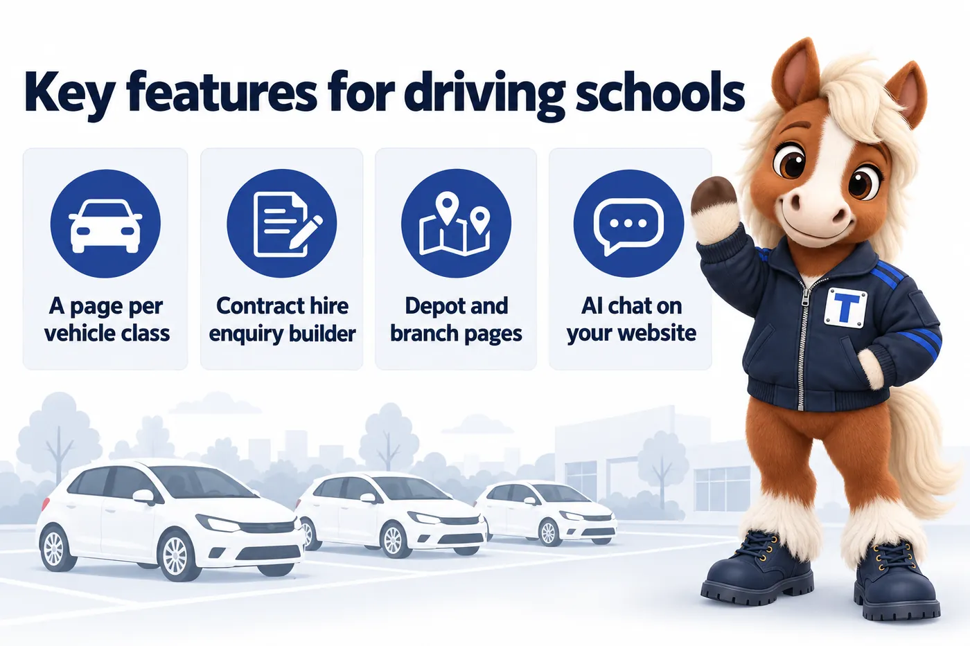 Key features for driving schools, an infographic with Trot the studio mascot: A page per vehicle class; Contract hire enquiry builder; Depot and branch pages; AI chat on your website.
