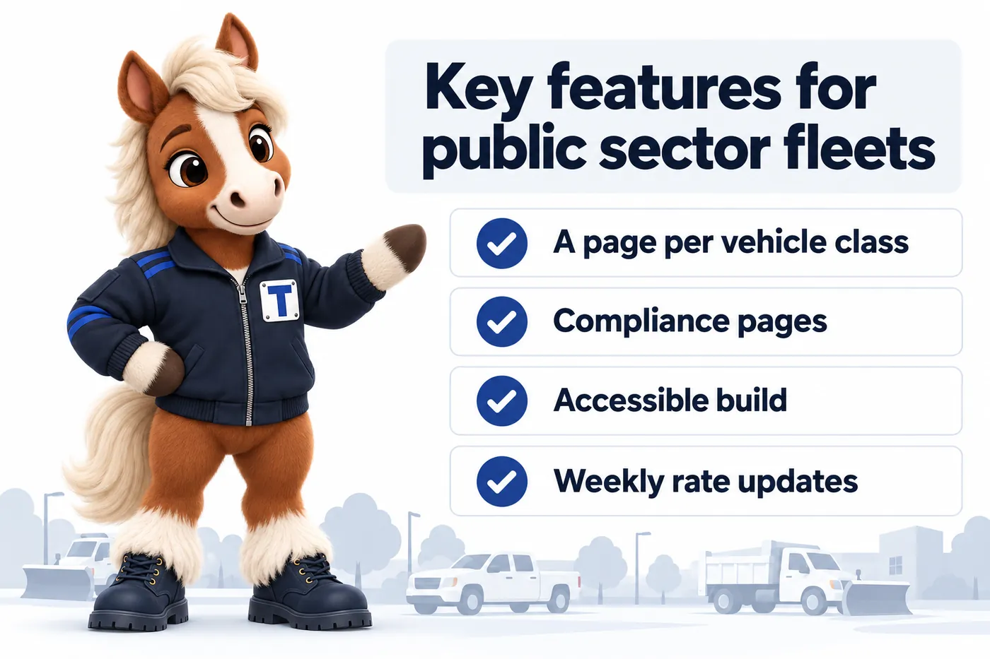 Key features for public sector fleets, an infographic with Trot the studio mascot: A page per vehicle class; Compliance pages; Accessible build; Weekly rate updates.