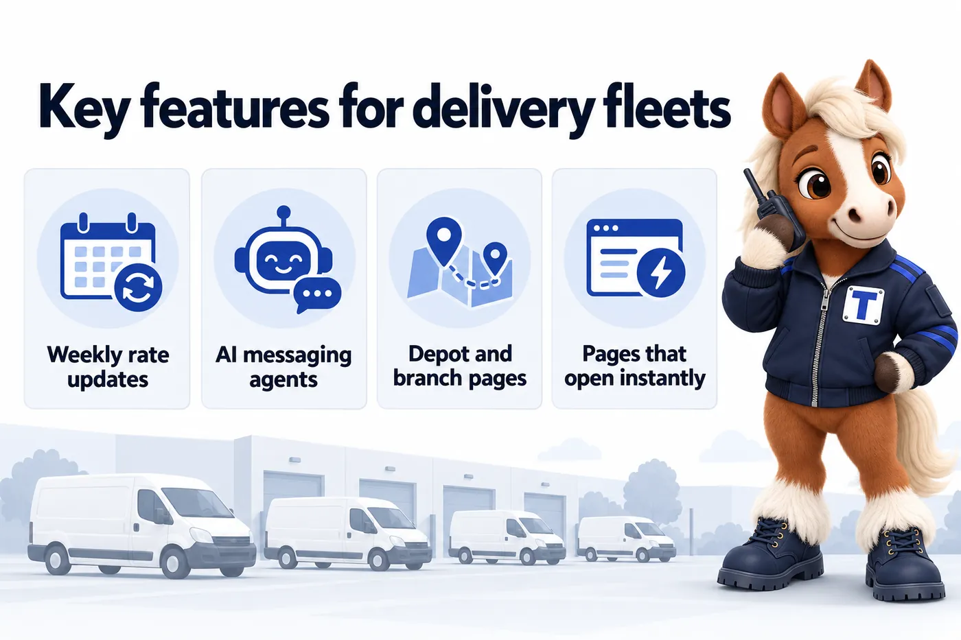 Key features for delivery fleets, an infographic with Trot the studio mascot: Weekly rate updates; AI messaging agents; Depot and branch pages; Pages that open instantly.