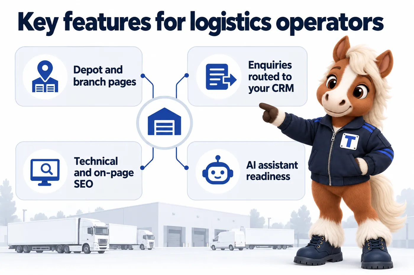 Key features for logistics operators, an infographic with Trot the studio mascot: Depot and branch pages; Enquiries routed to your CRM; Technical and on-page SEO; AI assistant readiness.