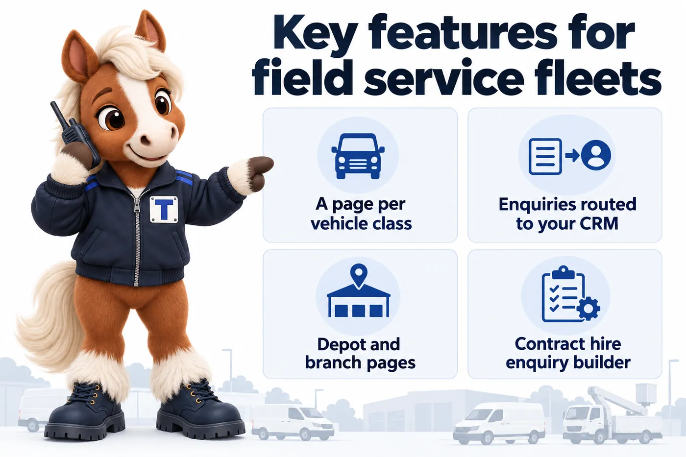 Key features for field service fleets, an infographic with Trot the studio mascot: A page per vehicle class; Enquiries routed to your CRM; Depot and branch pages; Contract hire enquiry builder.