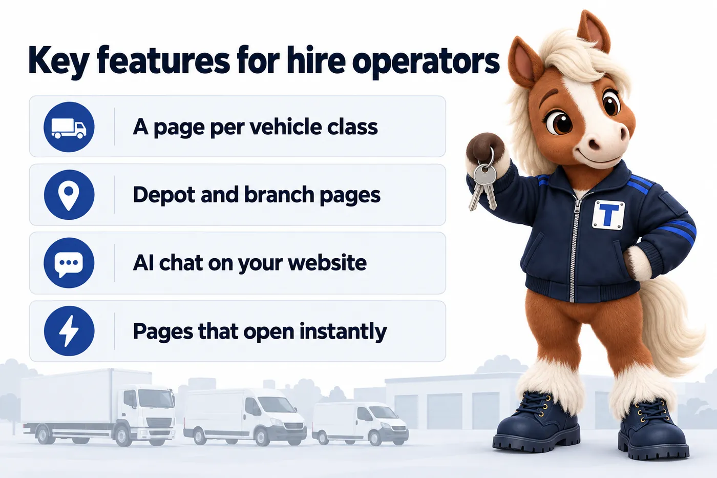 Key features for hire operators, an infographic with Trot the studio mascot: A page per vehicle class; Depot and branch pages; AI chat on your website; Pages that open instantly.