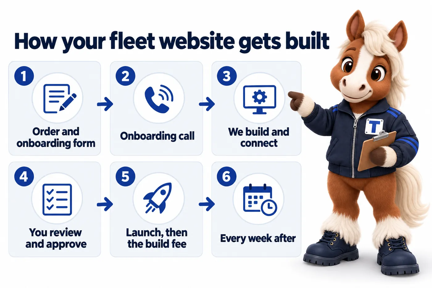 How your fleet website gets built, an infographic with Trot the studio mascot: Order and onboarding form; Onboarding call; We build and connect; You review and approve; Launch, then the build fee; Every week after.