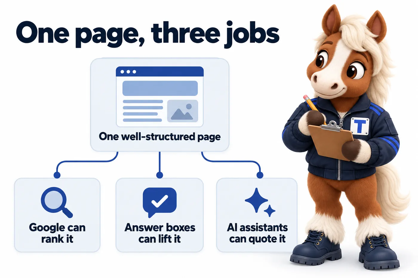 One page, three jobs, an infographic with Trot the studio mascot: One well-structured page; Google can rank it; Answer boxes can lift it; AI assistants can quote it.