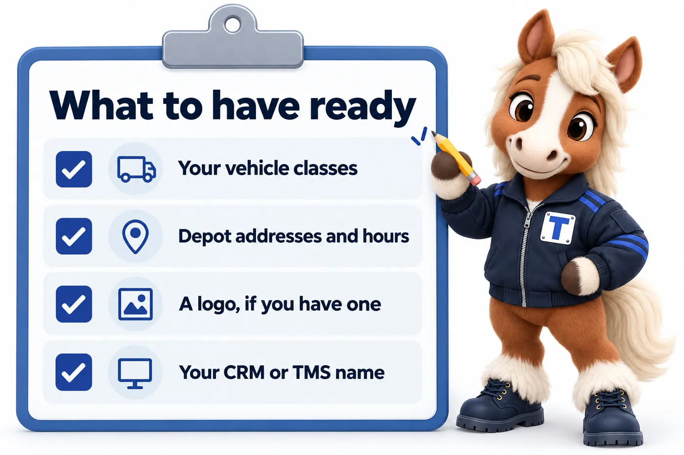What to have ready, an infographic with Trot the studio mascot: Your vehicle classes; Depot addresses and hours; A logo, if you have one; Your CRM or TMS name.