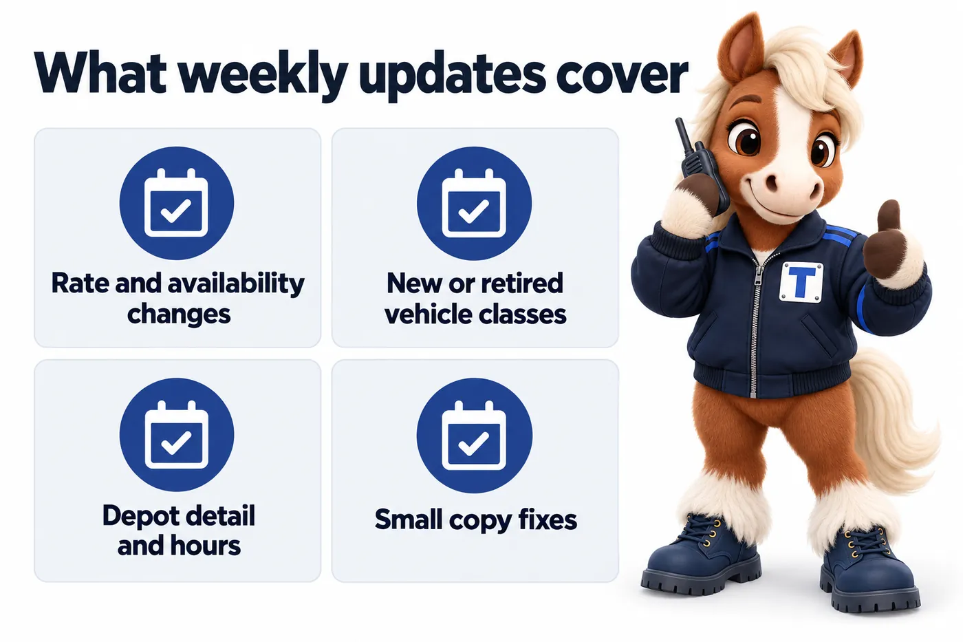 What weekly updates cover, an infographic with Trot the studio mascot: Rate and availability changes; New or retired vehicle classes; Depot detail and hours; Small copy fixes.