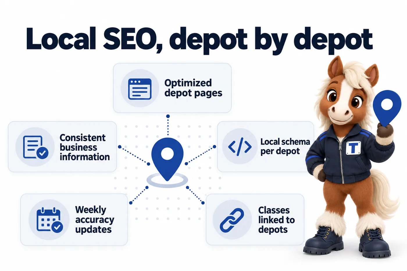 Local SEO, depot by depot, an infographic with Trot the studio mascot: Optimized depot pages; Consistent business information; Local schema per depot; Weekly accuracy updates; Classes linked to depots.