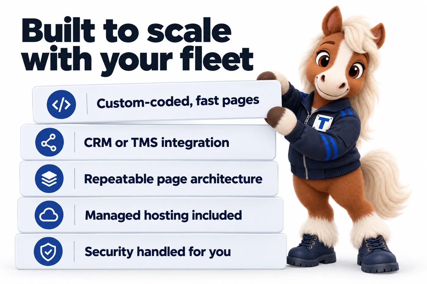 Built to scale with your fleet, an infographic with Trot the studio mascot: Custom-coded, fast pages; CRM or TMS integration; Repeatable page architecture; Managed hosting included; Security handled for you.