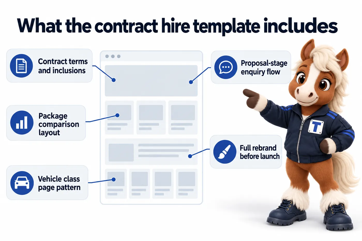 What the contract hire template includes, an infographic with Trot the studio mascot: Contract terms and inclusions; Package comparison layout; Proposal-stage enquiry flow; Vehicle class page pattern; Full rebrand before launch.