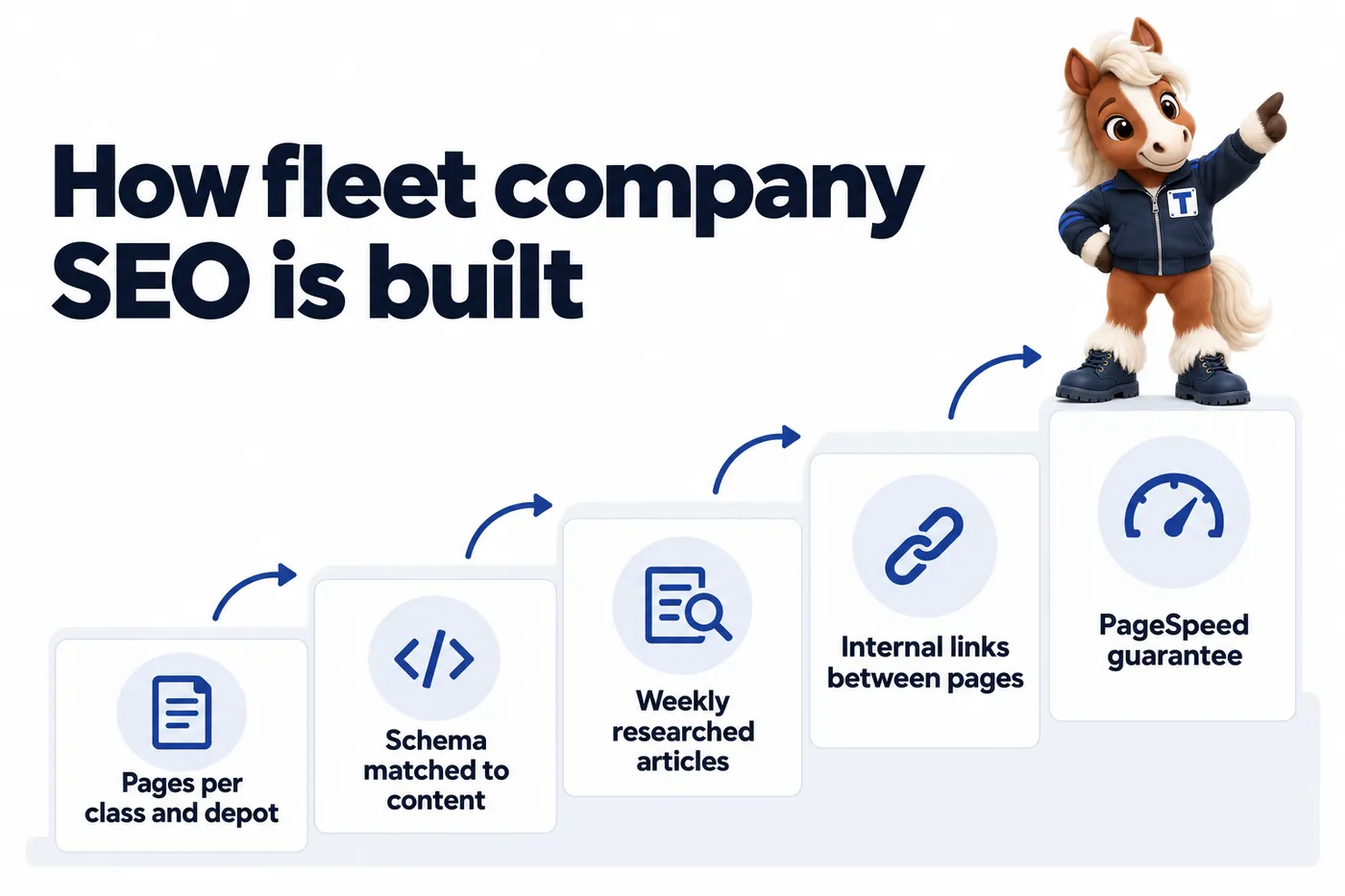 How fleet company SEO is built, an infographic with Trot the studio mascot: Pages per class and depot; Schema matched to content; Weekly researched articles; Internal links between pages; PageSpeed guarantee.
