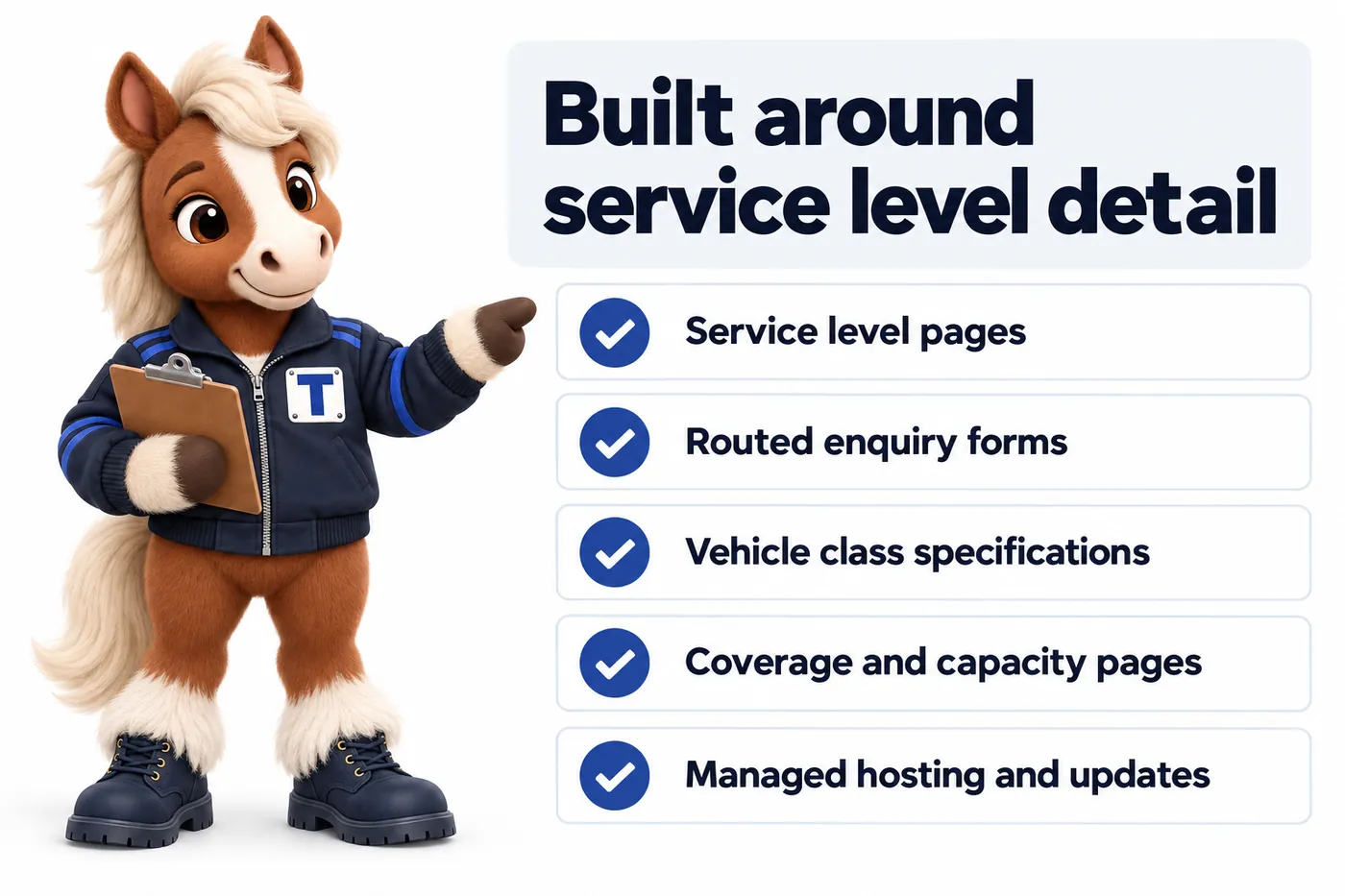 Built around service level detail, an infographic with Trot the studio mascot: Service level pages; Routed enquiry forms; Vehicle class specifications; Coverage and capacity pages; Managed hosting and updates.