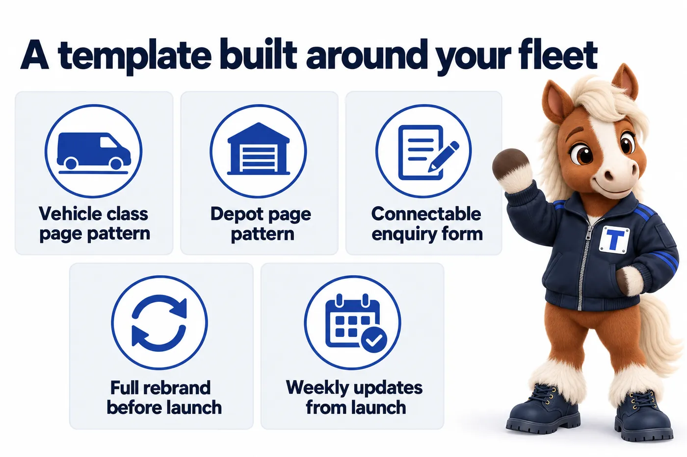 A template built around your fleet, an infographic with Trot the studio mascot: Vehicle class page pattern; Depot page pattern; Connectable enquiry form; Full rebrand before launch; Weekly updates from launch.