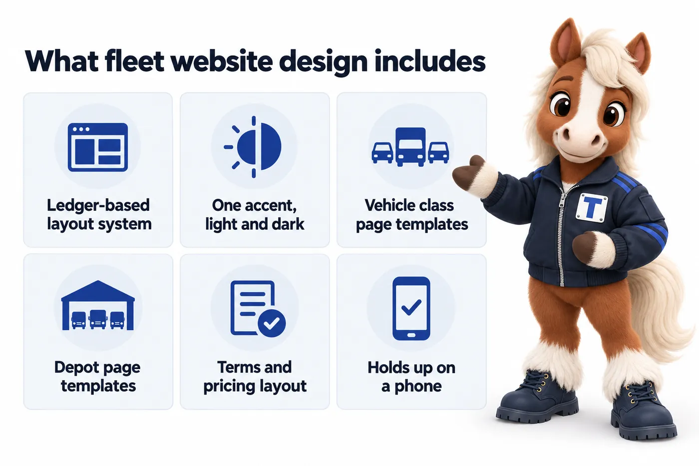 What fleet website design includes, an infographic with Trot the studio mascot: Ledger-based layout system; One accent, light and dark; Vehicle class page templates; Depot page templates; Terms and pricing layout; Holds up on a phone.
