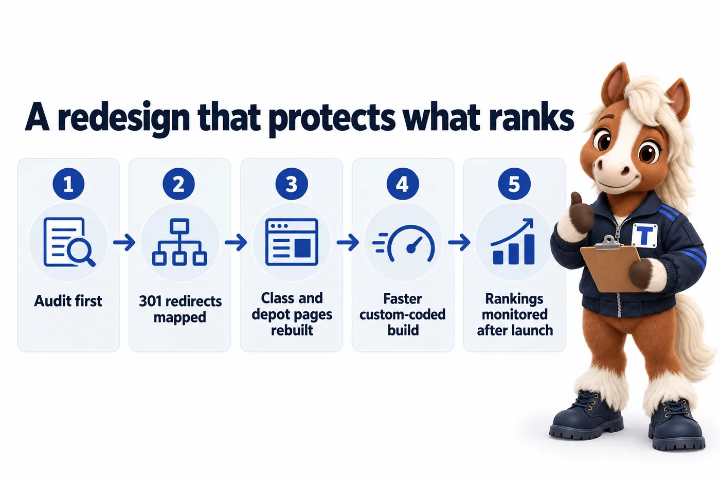 A redesign that protects what ranks, an infographic with Trot the studio mascot: Audit first; 301 redirects mapped; Class and depot pages rebuilt; Faster custom-coded build; Rankings monitored after launch.