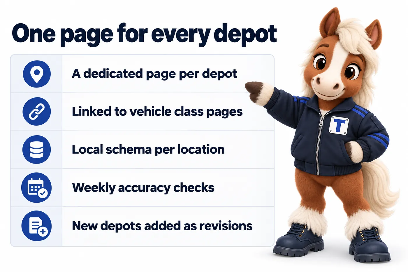 One page for every depot, an infographic with Trot the studio mascot: A dedicated page per depot; Linked to vehicle class pages; Local schema per location; Weekly accuracy checks; New depots added as revisions.