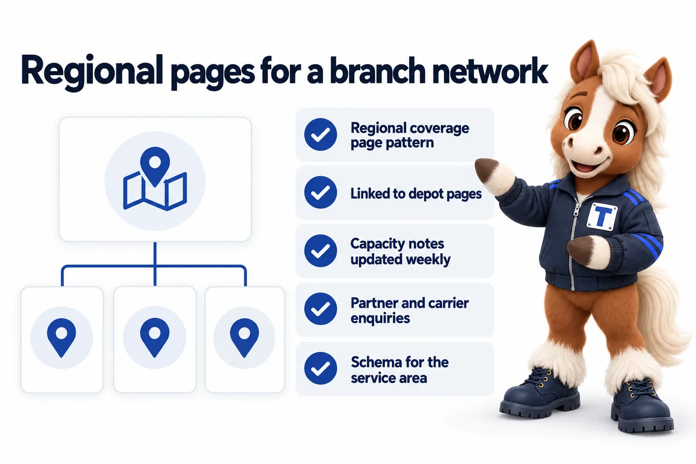 Regional pages for a branch network, an infographic with Trot the studio mascot: Regional coverage page pattern; Linked to depot pages; Capacity notes updated weekly; Partner and carrier enquiries; Schema for the service area.