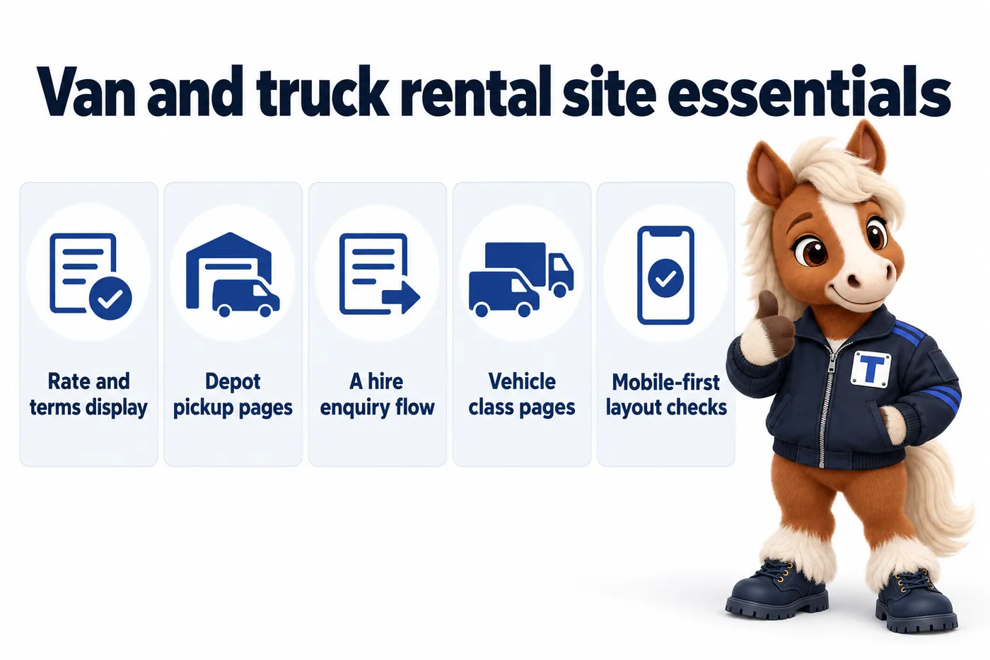 Van and truck rental site essentials, an infographic with Trot the studio mascot: Rate and terms display; Depot pickup pages; A hire enquiry flow; Vehicle class pages; Mobile-first layout checks.