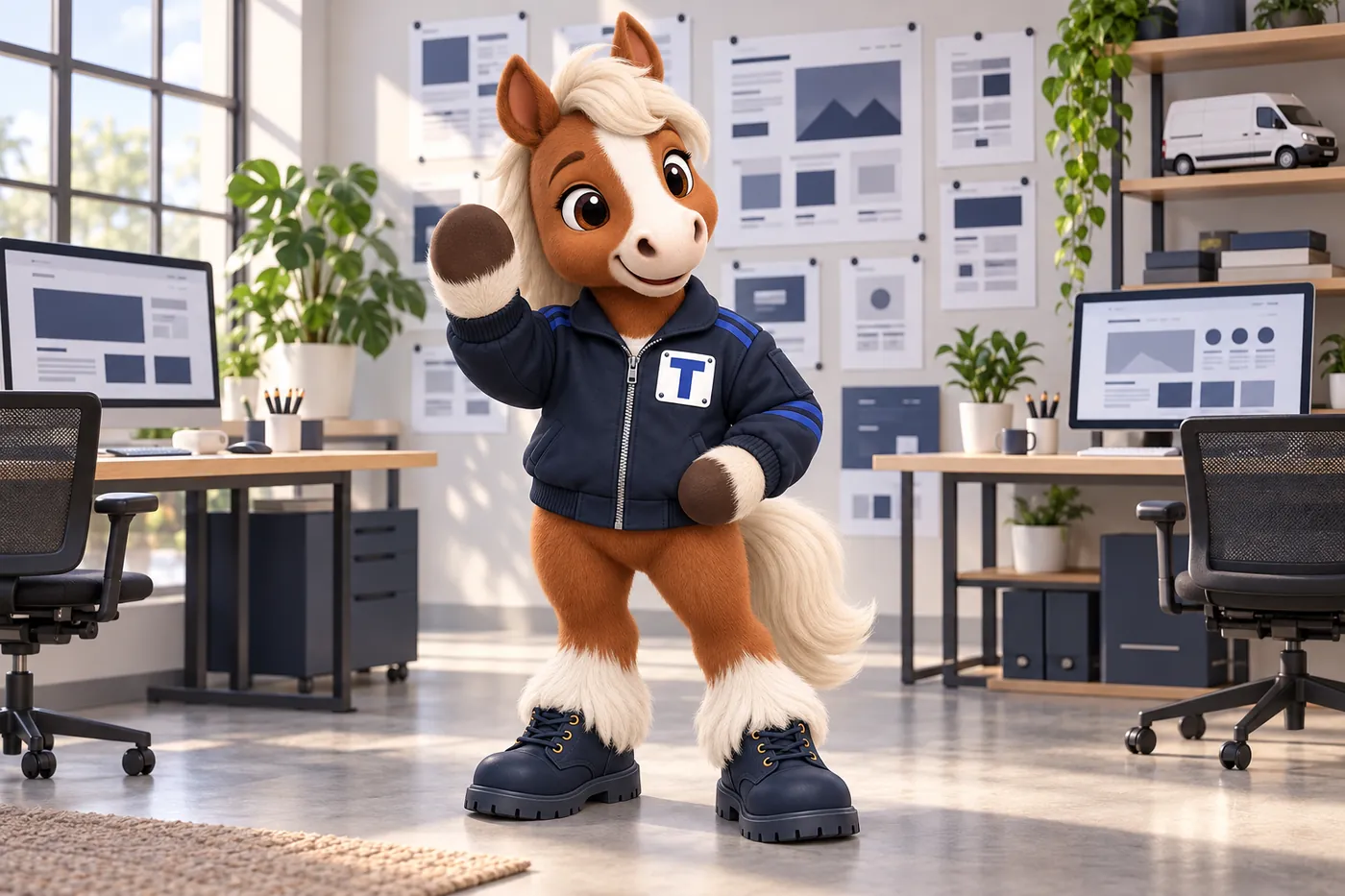 Trot, the FleetWebStudio mascot, waving hello in the studio among pinned page layouts and monitors