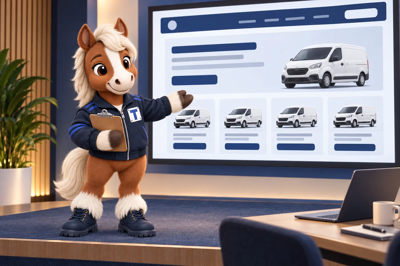 Trot, the FleetWebStudio mascot, presenting a fleet website layout on a large screen