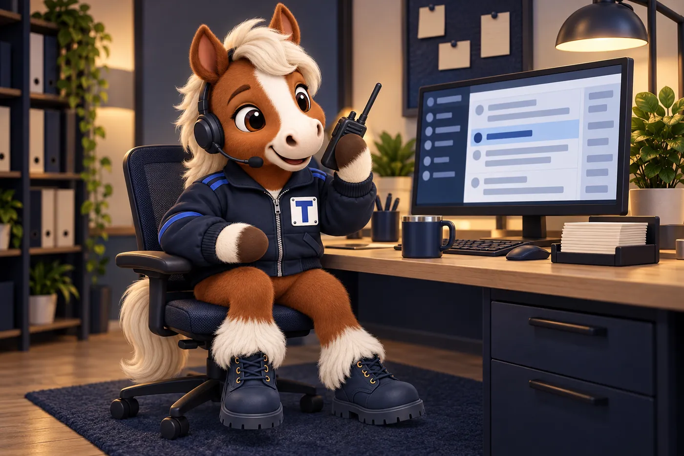 Trot, the FleetWebStudio mascot, answering messages on his radio at a dispatcher desk
