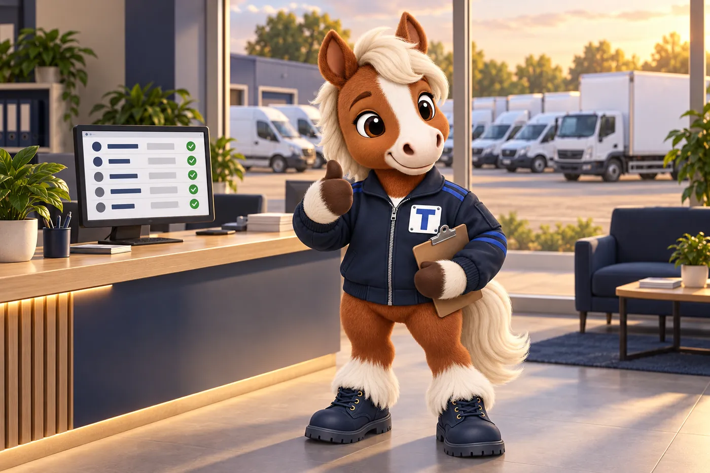 Trot, the FleetWebStudio mascot, giving a thumbs up at a calm fleet hire desk with white vans in the yard outside