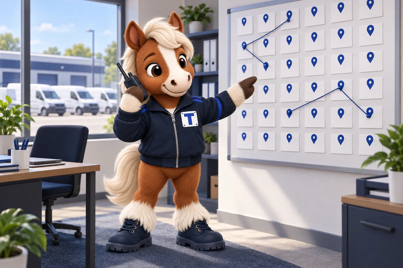 Trot, the FleetWebStudio mascot, pointing at a depot board of location pins, one pin for every yard