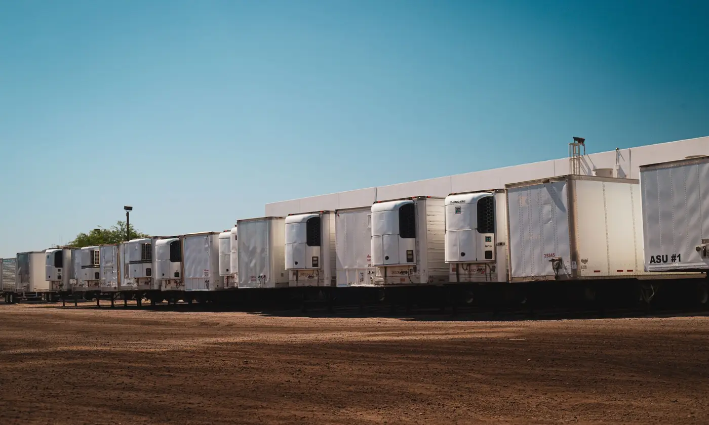A row of refrigerated trucks parked in an industrial lot